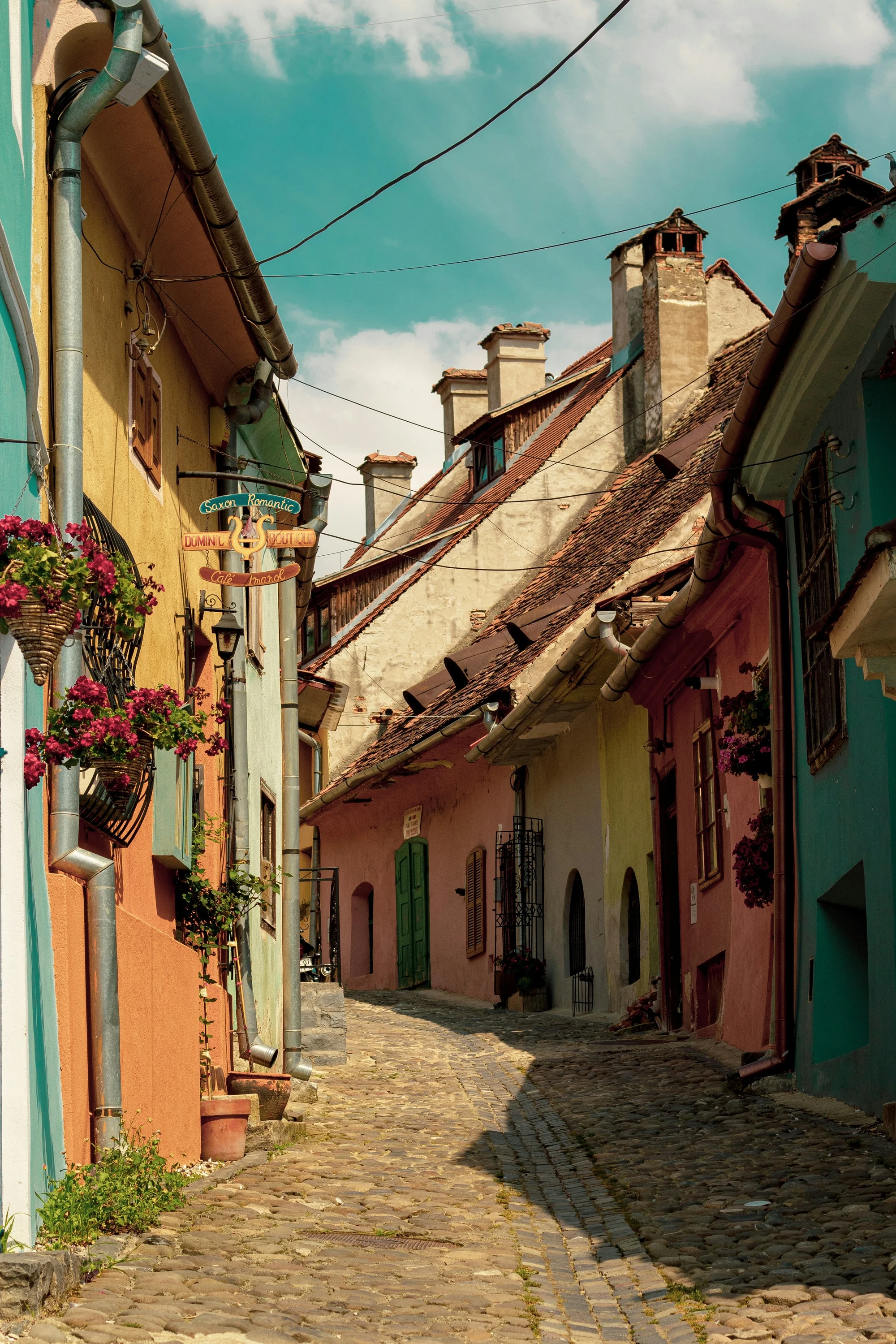 Sighișoara medieval citadel colorful clock tower and cobbled lane