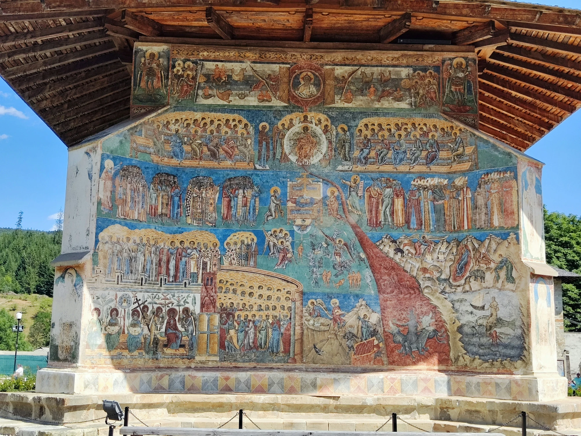 Day 8 Voroneț Monastery exterior with vivid blue frescoes