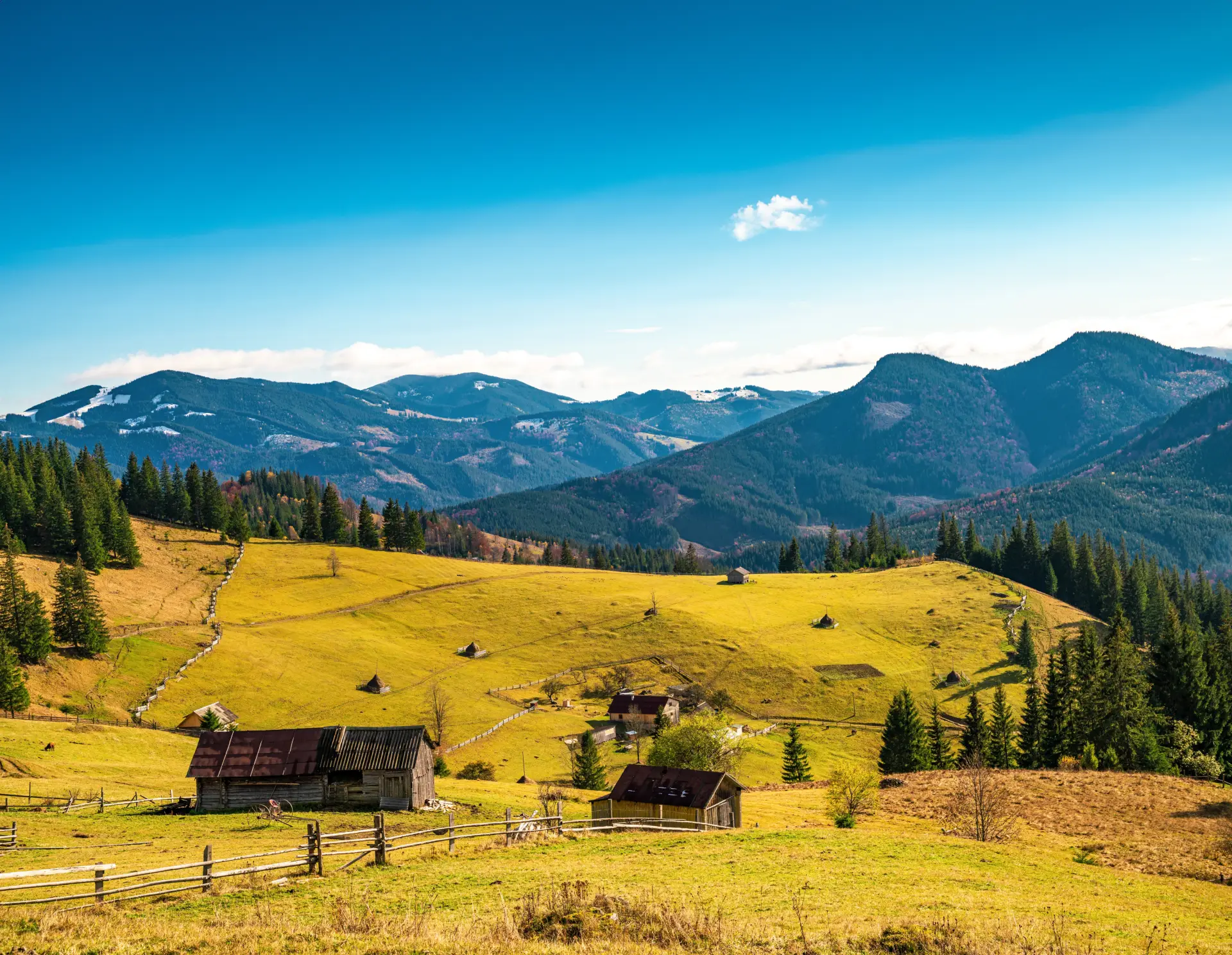 Panoramic view of Romanian Carpathian Mountains at sunset